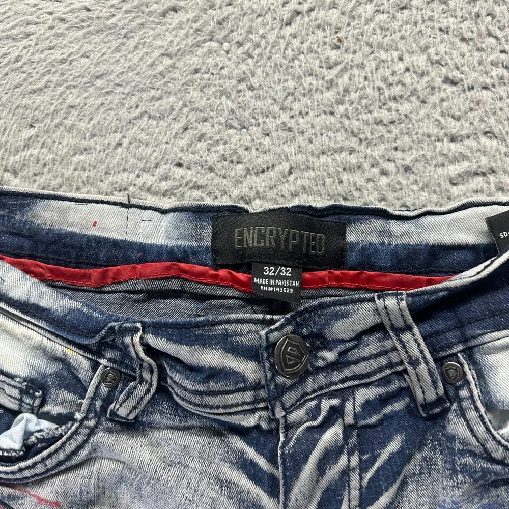 Encrypted Jeans Mens 32x32 Blue‎ Cotton Denim Straight Biker Distressed Stretch